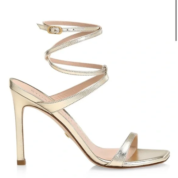 Stuart Weitzman Ellsie Ankle-Wrap Metallic Leather Sandals - Picture 2 of 6